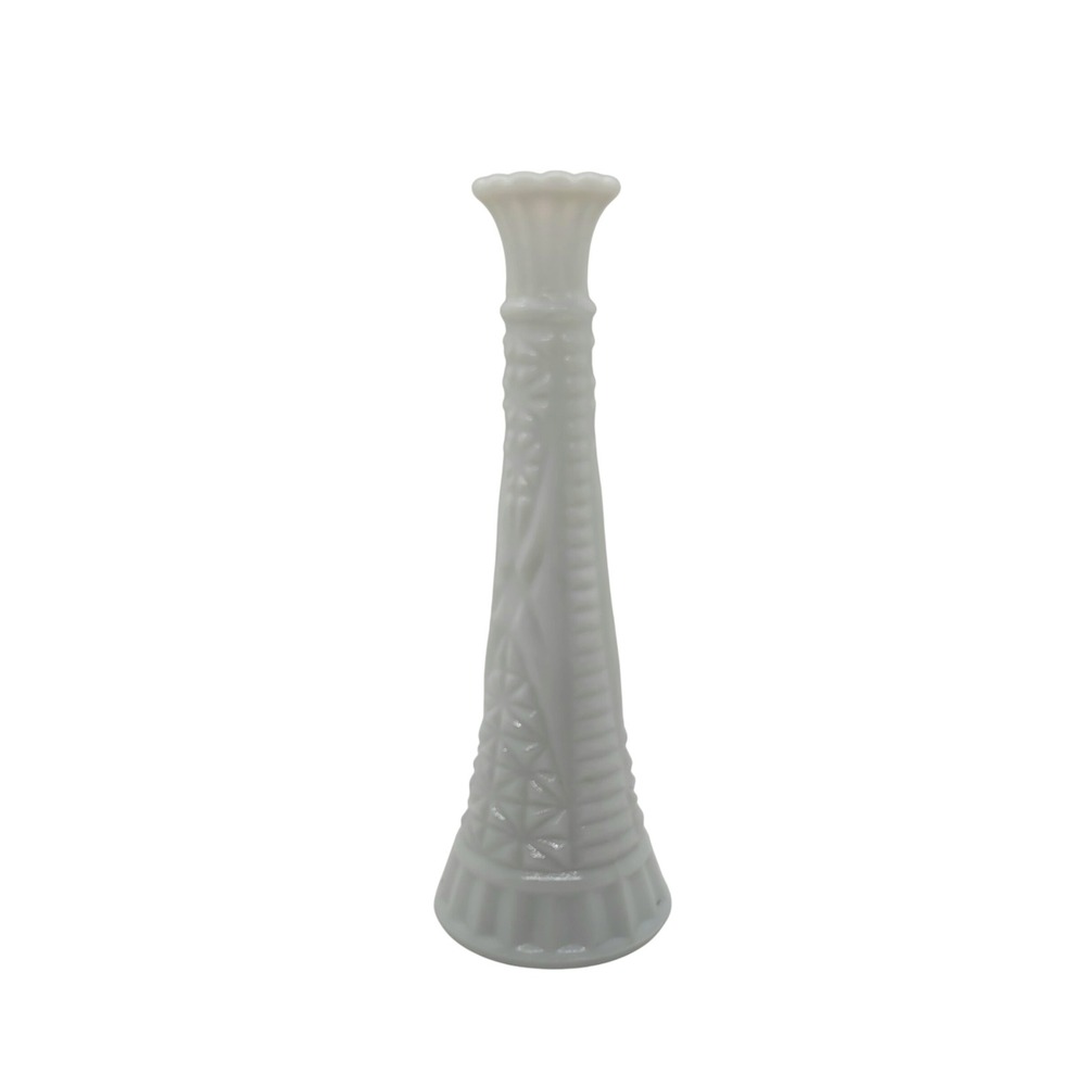 Vintage Milk Glass Bud Vase Scalloped Rim Geometric Starburst Pattern 9 Inch